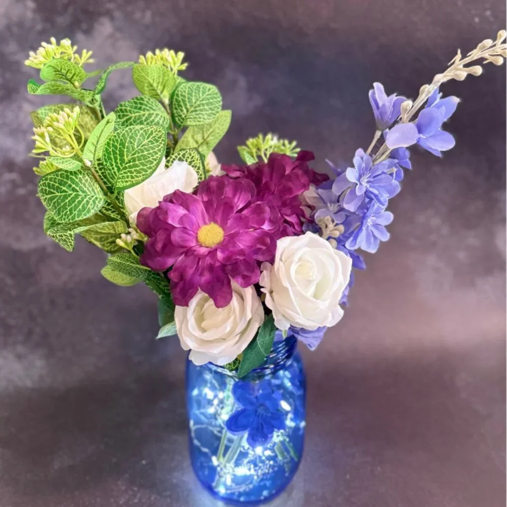 Vibrant Faux Floral Arrangement in Blue Mason Jar w/ LED Lights – Home Décor